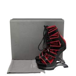 Pre Owned Alexander McQueen Black/Red Python Leather Platform Cage Sandals Size 39