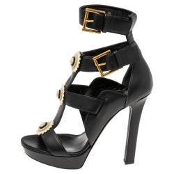 مملوكة مسبقًا صندل أليكساندر ماكوين فرنش غلوس جلد أسود نعل سميك سيور مقاس 39