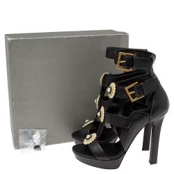 مملوكة مسبقًا صندل أليكساندر ماكوين فرنش غلوس جلد أسود نعل سميك سيور مقاس 39