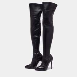 Pre Owned Alexander McQueen Black Leather Over The Knee Boots Size 37