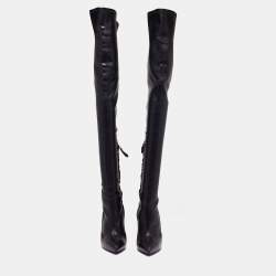 Pre Owned Alexander McQueen Black Leather Over The Knee Boots Size 37