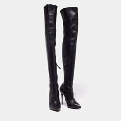 Pre Owned Alexander McQueen Black Leather Over The Knee Boots Size 37