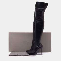 Pre Owned Alexander McQueen Black Leather Over The Knee Boots Size 37
