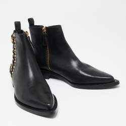Pre Owned Alexander McQueen Black Leather Braided Chain Ankle Boots Size 37