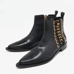 Pre Owned Alexander McQueen Black Leather Braided Chain Ankle Boots Size 37