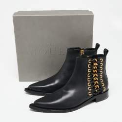 Pre Owned Alexander McQueen Black Leather Braided Chain Ankle Boots Size 37