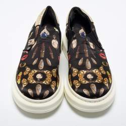 Pre Owned Alexander McQueen Black Printed Satin Slip-On Sneakers Size 40.5