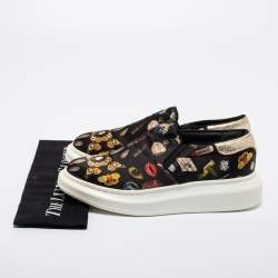 Pre Owned Alexander McQueen Black Printed Satin Slip-On Sneakers Size 40.5