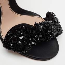 Pre Owned Alexander McQueen Black Suede Embellished  Jewel Bow Ankle Strap  Sandals Size 36