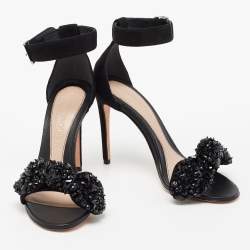 Pre Owned Alexander McQueen Black Suede Embellished  Jewel Bow Ankle Strap  Sandals Size 36
