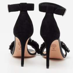 Pre Owned Alexander McQueen Black Suede Embellished  Jewel Bow Ankle Strap  Sandals Size 36