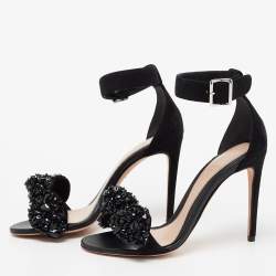 Pre Owned Alexander McQueen Black Suede Embellished  Jewel Bow Ankle Strap  Sandals Size 36
