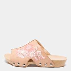 Alexander McQueen Peach Leather Embroidered Wooden Clogs Size 36