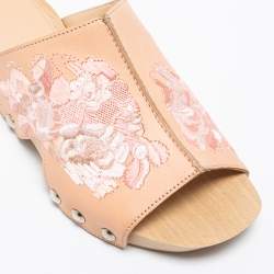 Alexander McQueen Peach Leather Embroidered Wooden Clogs Size 36