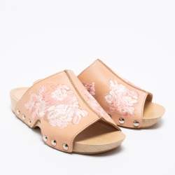Alexander McQueen Peach Leather Embroidered Wooden Clogs Size 36