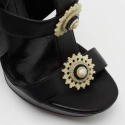 Pre Owned Alexander McQueen Black Leather French Gloss Platform Strappy Sandals Size 38