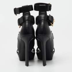 Pre Owned Alexander McQueen Black Leather French Gloss Platform Strappy Sandals Size 38