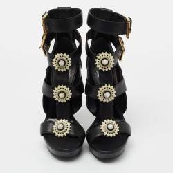 Pre Owned Alexander McQueen Black Leather French Gloss Platform Strappy Sandals Size 38