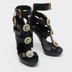 Pre Owned Alexander McQueen Black Leather French Gloss Platform Strappy Sandals Size 38