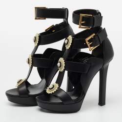 Pre Owned Alexander McQueen Black Leather French Gloss Platform Strappy Sandals Size 38