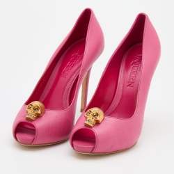 Pre Owned Alexander McQueen Pink Leather Skull Embellished Peep Toe Pumps Size 38.5