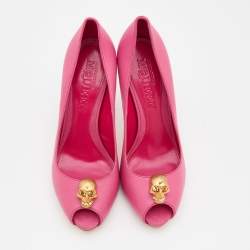 Pre Owned Alexander McQueen Pink Leather Skull Embellished Peep Toe Pumps Size 38.5
