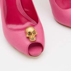 Pre Owned Alexander McQueen Pink Leather Skull Embellished Peep Toe Pumps Size 38.5