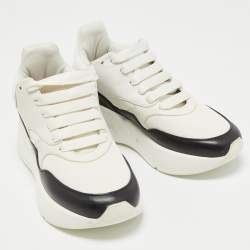 Pre Owned Alexander McQueen White/Black Leather and Mesh Oversized Runner Sneakers Size 35
