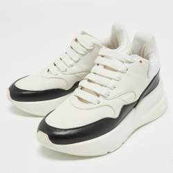 Pre Owned Alexander McQueen White/Black Leather and Mesh Oversized Runner Sneakers Size 35