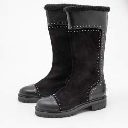 Pre Owned Alexander McQueen Black Suede and Leather Lined Mid Calf Boots Size 39
