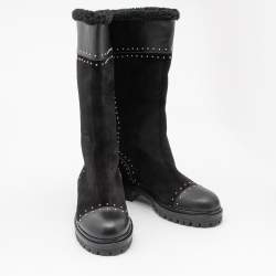 Pre Owned Alexander McQueen Black Suede and Leather Lined Mid Calf Boots Size 39