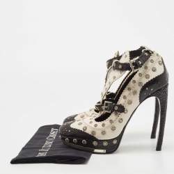 Pre Owned Alexander McQueen Black /White Leather and Croc Embossed Studded Ankle Strap Pumps Size 38.5