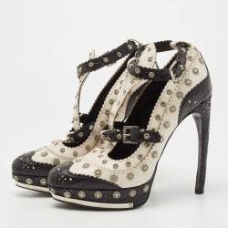 Pre Owned Alexander McQueen Black /White Leather and Croc Embossed Studded Ankle Strap Pumps Size 38.5