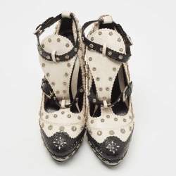 Pre Owned Alexander McQueen Black /White Leather and Croc Embossed Studded Ankle Strap Pumps Size 38.5