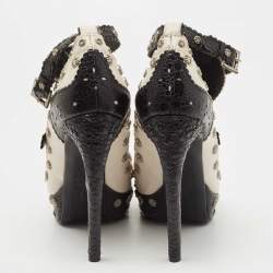 Pre Owned Alexander McQueen Black /White Leather and Croc Embossed Studded Ankle Strap Pumps Size 38.5