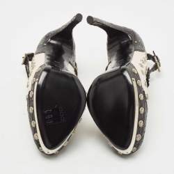Pre Owned Alexander McQueen Black /White Leather and Croc Embossed Studded Ankle Strap Pumps Size 38.5