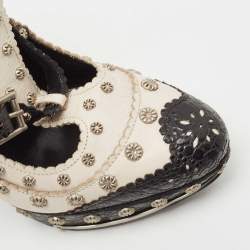 Pre Owned Alexander McQueen Black /White Leather and Croc Embossed Studded Ankle Strap Pumps Size 38.5