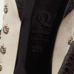 Pre Owned Alexander McQueen Black /White Leather and Croc Embossed Studded Ankle Strap Pumps Size 38.5