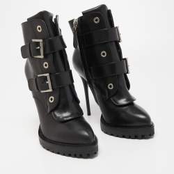 Pre Owned Alexander McQueen Black Leather Buckle Detail Boots Size 40