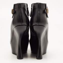 Pre Owned Alexander McQueen Black Leather Curved Heel Ankle Length Boots Size 40