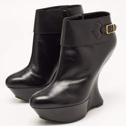 Pre Owned Alexander McQueen Black Leather Curved Heel Ankle Length Boots Size 40