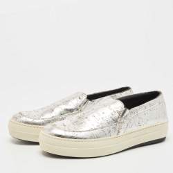 Pre Owned Alexander McQueen Sliver Leather Slip On Sneakers Size 38