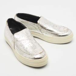 Pre Owned Alexander McQueen Sliver Leather Slip On Sneakers Size 38