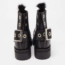 Pre Owned Alexander McQueen Black Leather and Fur Buckle Detail Ankle Boots Size 40