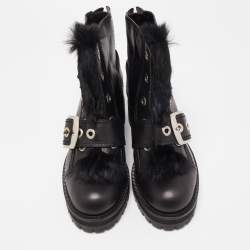 Pre Owned Alexander McQueen Black Leather and Fur Buckle Detail Ankle Boots Size 40