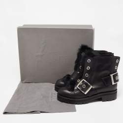 Pre Owned Alexander McQueen Black Leather and Fur Buckle Detail Ankle Boots Size 40