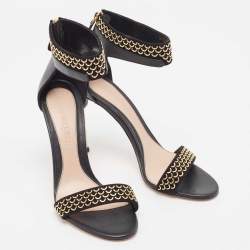 Pre Owned Alexander McQueen Black Leather and Suede Embellished Ankle Cuff Sandals Size 41