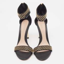 Pre Owned Alexander McQueen Black Leather and Suede Embellished Ankle Cuff Sandals Size 41