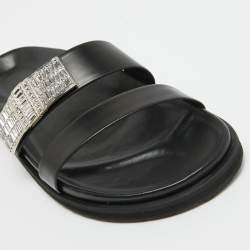 Pre Owned Alexander McQueen Black Leather Crystal Embellished Slides Size 38