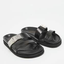 Pre Owned Alexander McQueen Black Leather Crystal Embellished Slides Size 38